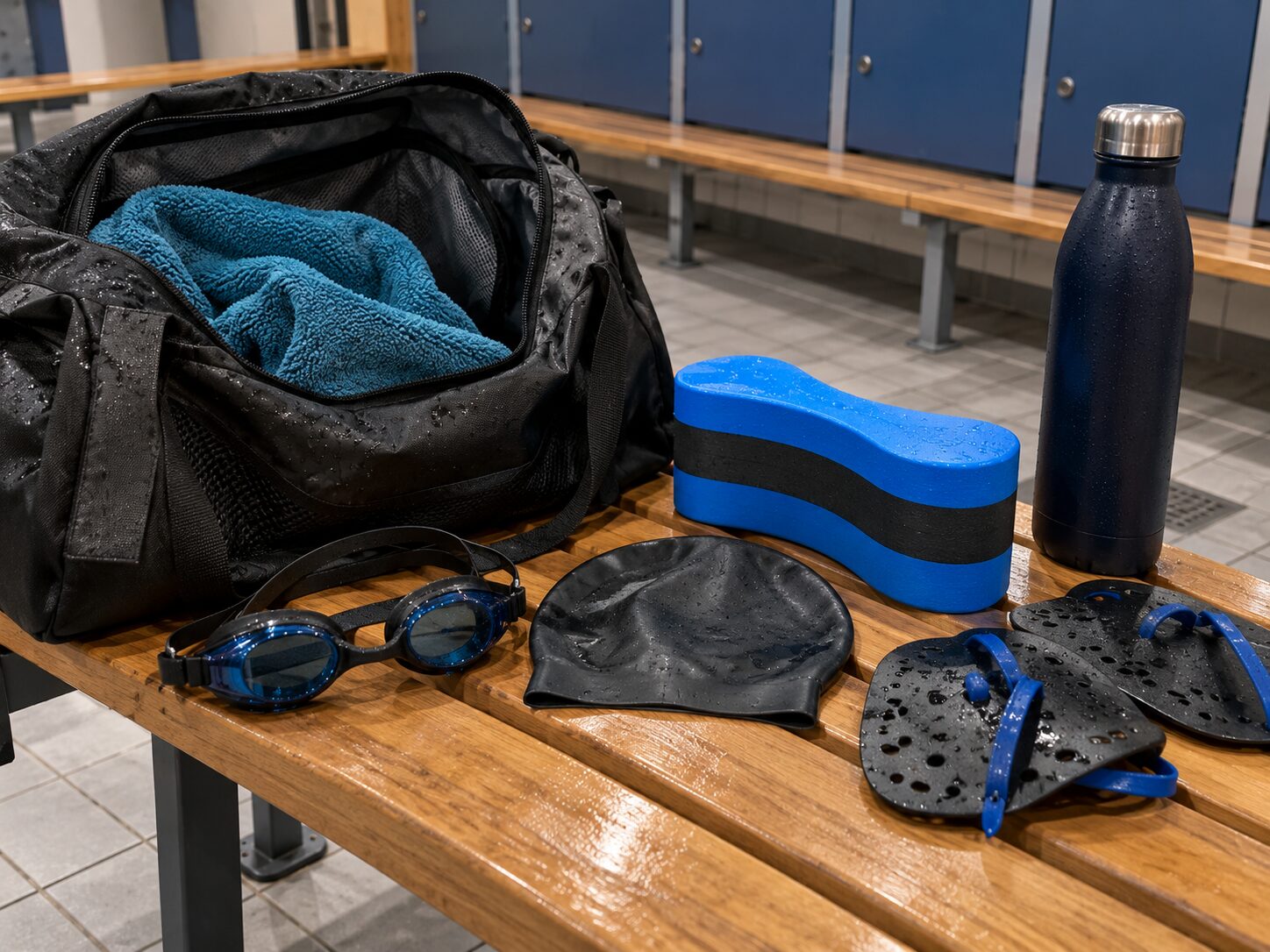 Sac de natation ouvert sur un banc de vestiaire